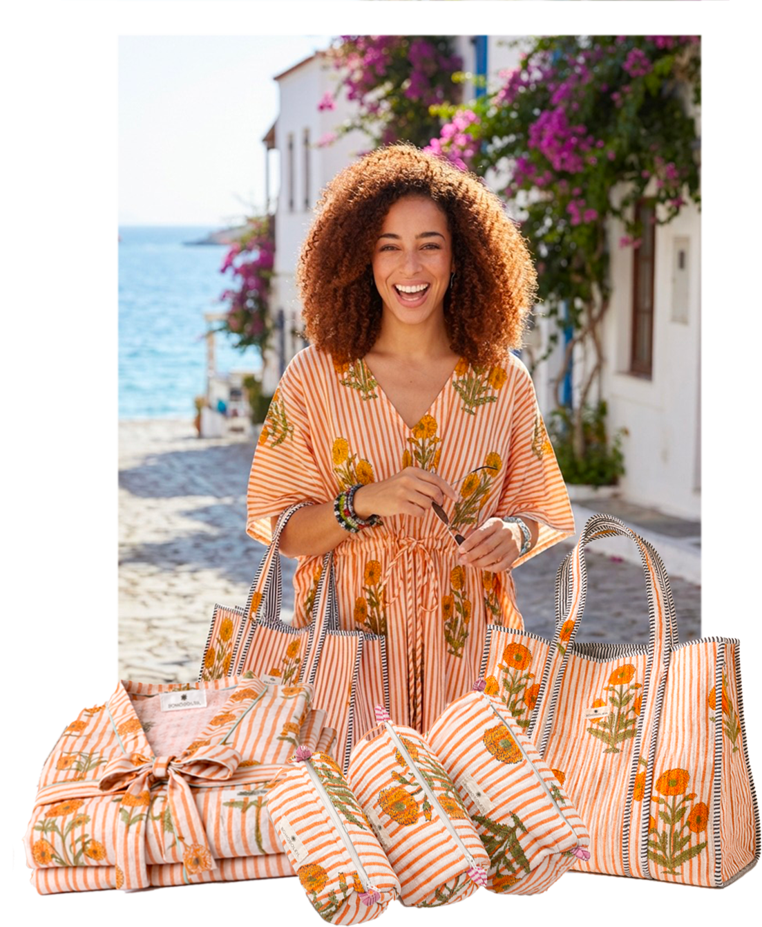 kitt sac peignoir caftan trousses toilette maquillage fleur orange rayures coton block print