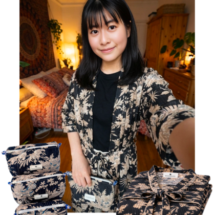 kit sweet home Beijing en coton motif floral fond noir avec peignoir et trousses de toilette