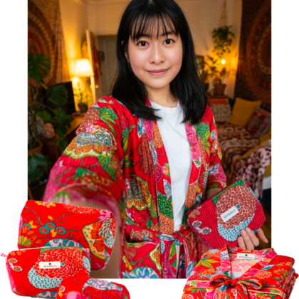 kit sweet home hanoi en coton block print avec peignoir et trousses de toilette