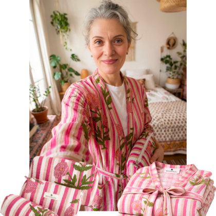 Kit Sweet Home en coton block print avec trousses et peignoir