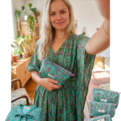 kit sweet home miami en coton block print avec peignoir et trousses de toilette