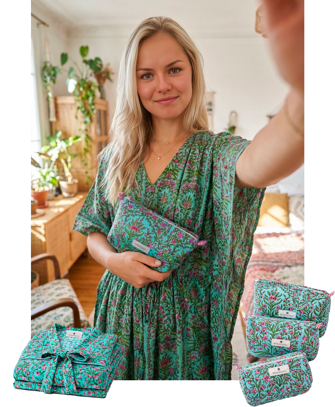 kit sweet home miami en coton block print avec peignoir et trousses de toilette