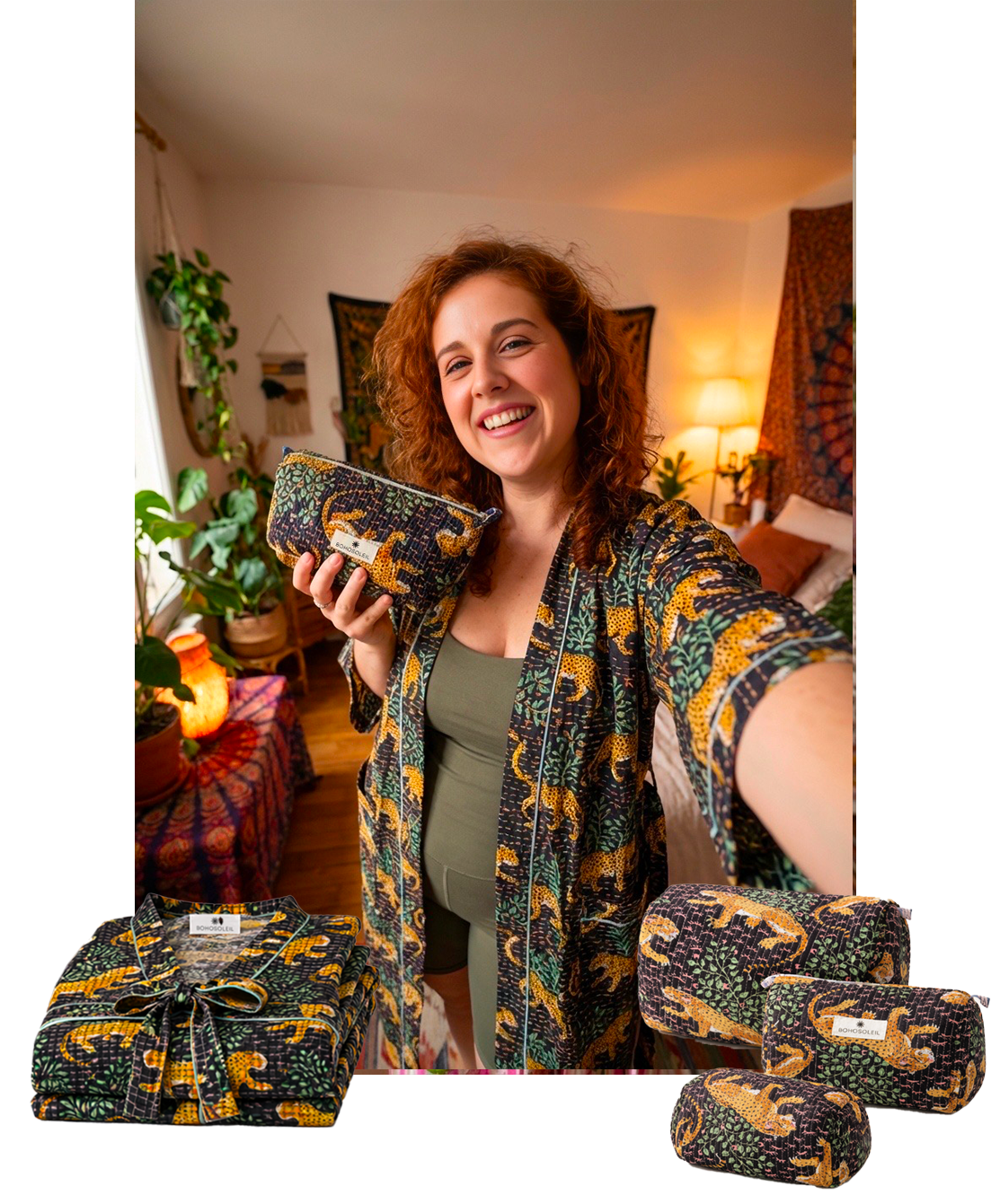 Kit sweet home mumbai en coton block print avec peignoir et trousses de toilette