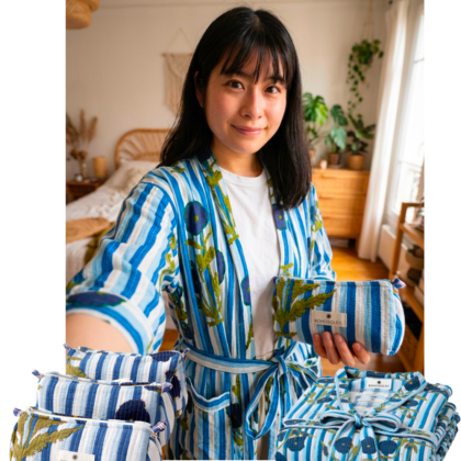 kit sweet home par Bohosoleil avec peignoir et trousses de otilette en coton fleurs et rayures bleues block print artisanat