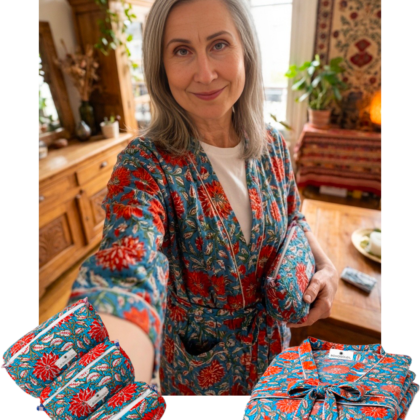 kit sweet home st petersbourg en coton block print avec peignoir et trousses de maquillage