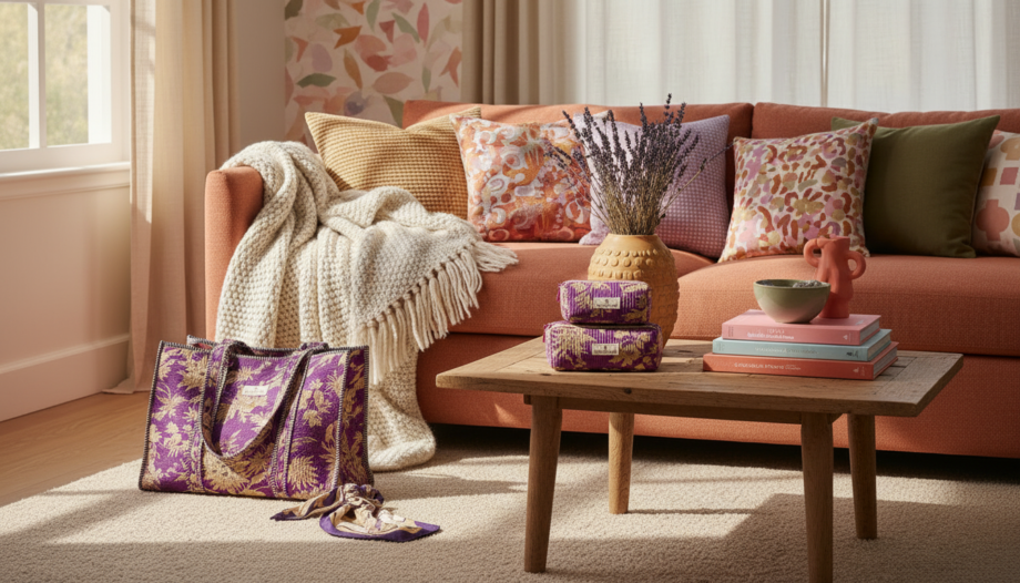 kit sac cabas trousses de toilette violet coton block print fleurs floral Bohosoleil