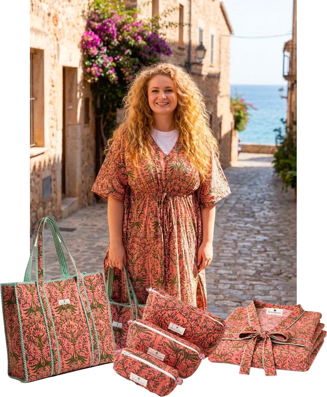 kit voyage avec caftan, trousses de toilette maquillage et sac cabas en coton corail floral marque Bohosoleil