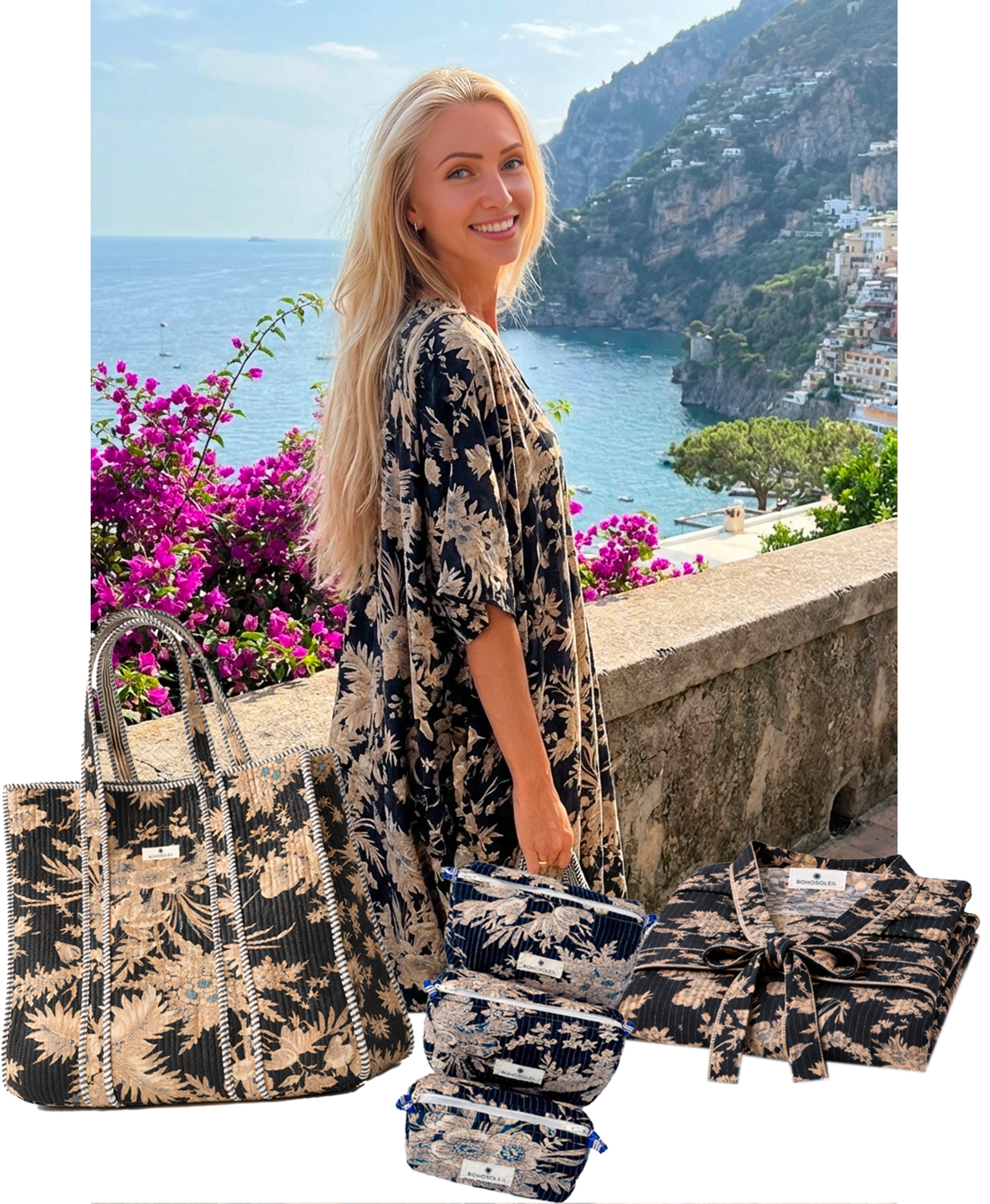 kit floral caftan trousses toilette maquillage sac cabas voyage en coton par bohosoleil