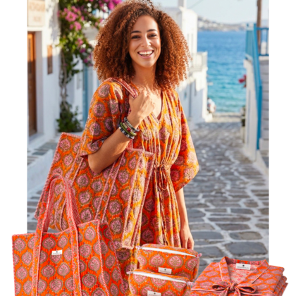 kit benares orange motif indien caftan trousses toilette maquillage sac cabas voyage en coton par bohosoleil