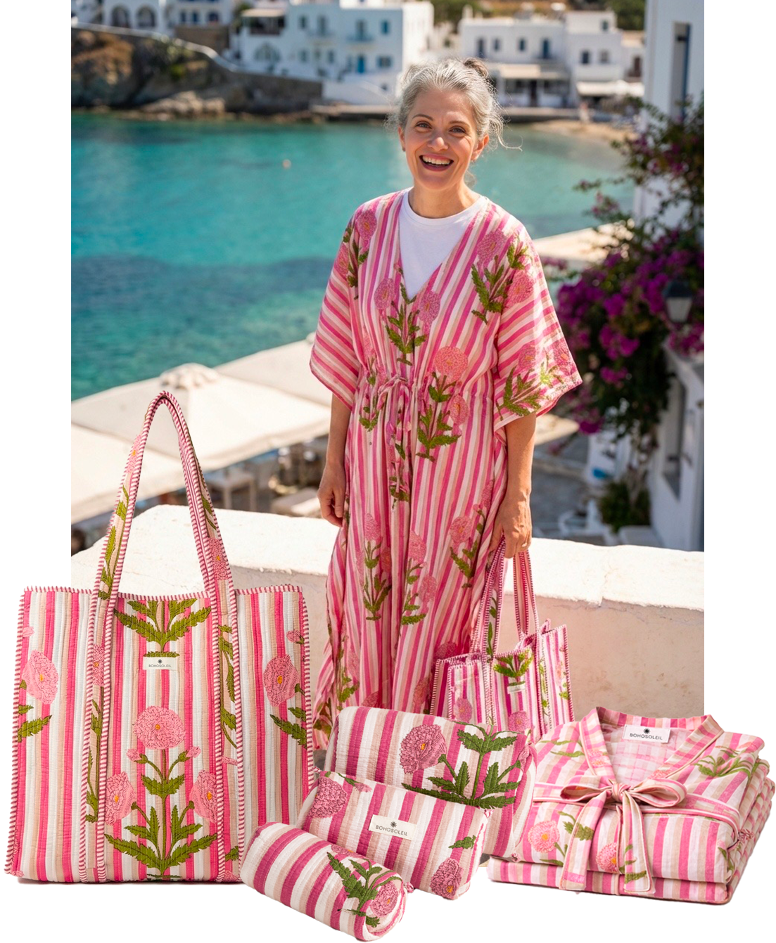 kit voyage avec caftan, trousses de toilette maquillage et sac cabas en coton fleurs et rayures roses marque Bohosoleil