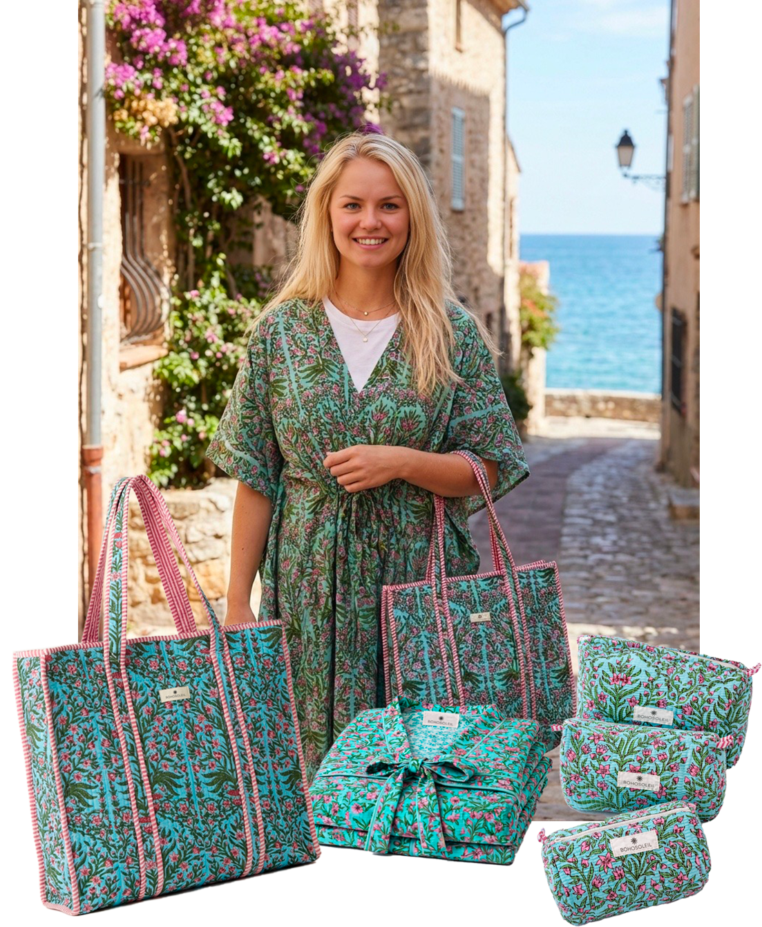 kit voyage avec caftan, trousses de toilette maquillage et sac cabas en coton bleu floral marque Bohosoleil
