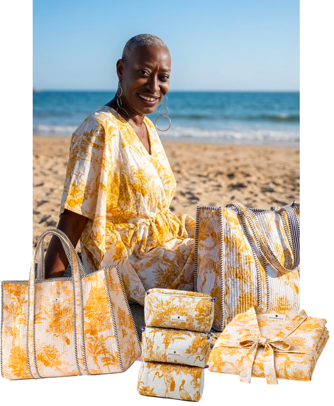 kit voyage avec caftan, trousses de toilette maquillage et sac cabas en coton juungle jaune marque Bohosoleil