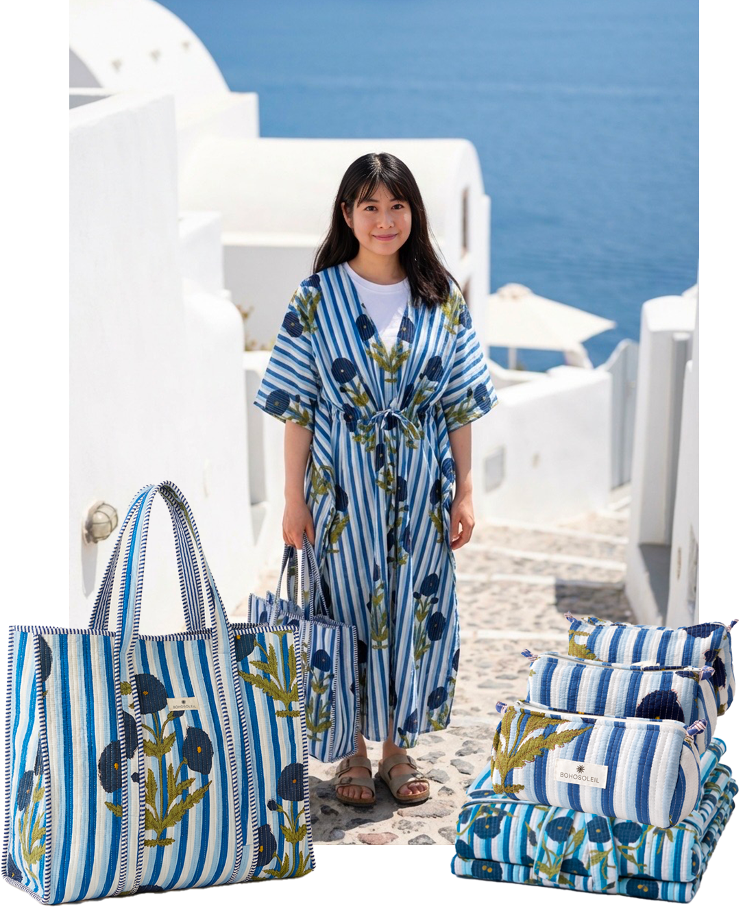 kit voyage paris sur une table en vacances avec sac cabas, trousses de toilette, caftan