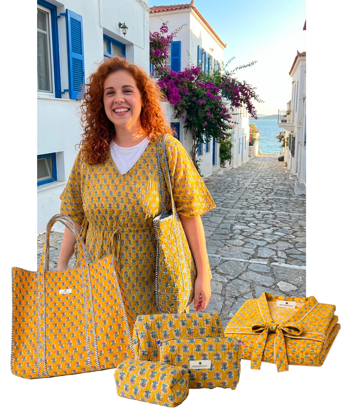 kit voyage vacances avec caftan, trousses de toilette maquillage et sac cabas en coton moutarde à fleurs marque Bohosoleil