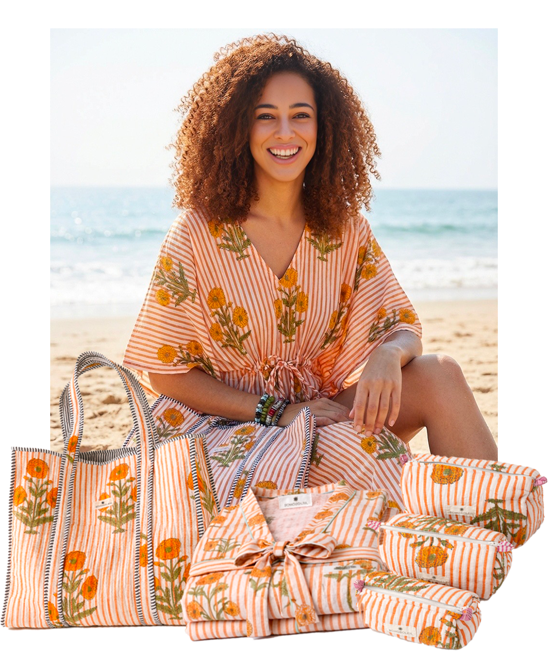 kit voyage vacances avec caftan, trousses de toilette maquillage et sac cabas en coton orange rayure à fleurs marque Bohosoleil