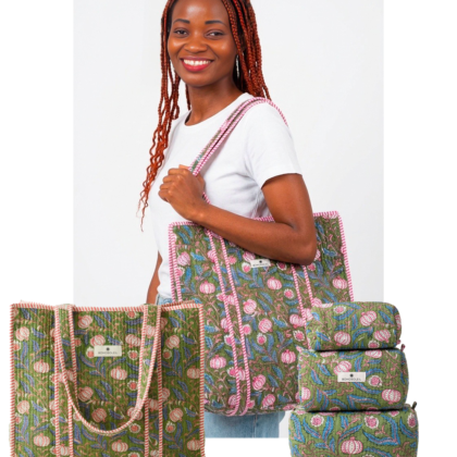 kit weekend athènes avec trousses de toilettes maquillage et sac cabas en coton matelassé vert motifs fleurs par Bohosoleil