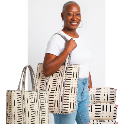 kit weekend bahia avec trousses de toilettes maquillage et sac cabas en coton matelassé blanc motif moderne par Bohosoleil