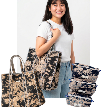 kit weekend beijing avec trousses de toilettes maquillage et sac cabas en coton matelassé noir floral motif fleurs par Bohosoleil
