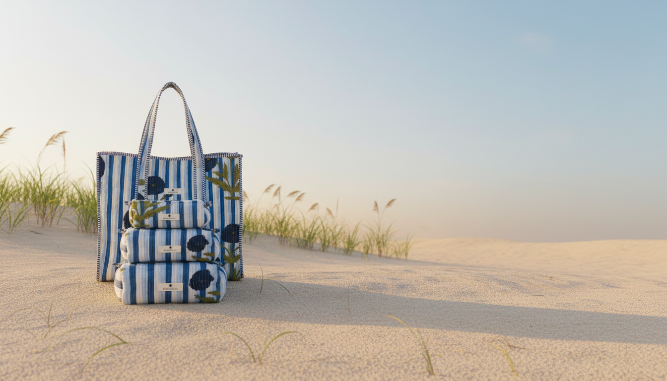 Kit week-end block print par Bohosoleil : sac cabas et trio de trousses faits à la main