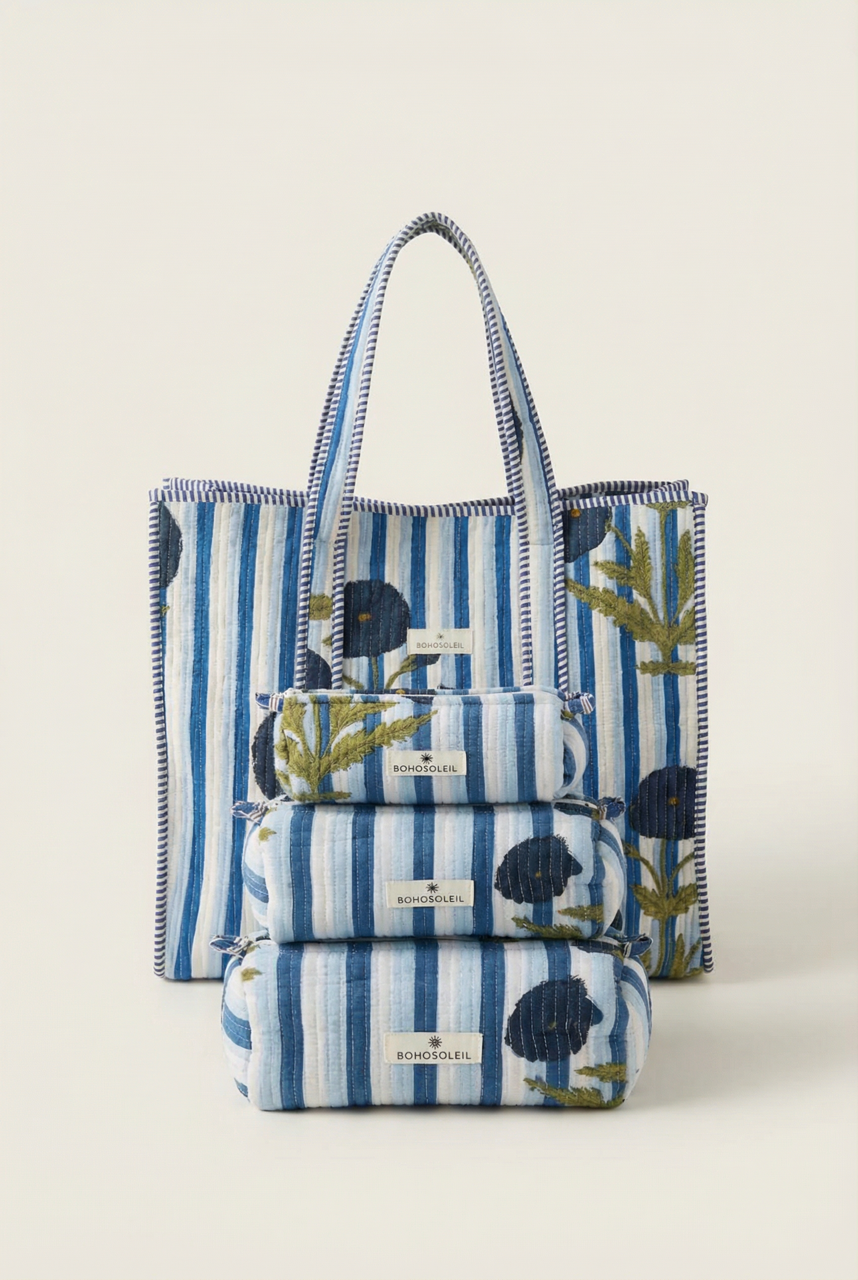 Paris weekend kit with toiletry and makeup bags and quilted cotton tote bag with floral and blue stripes by Bohosoleil
