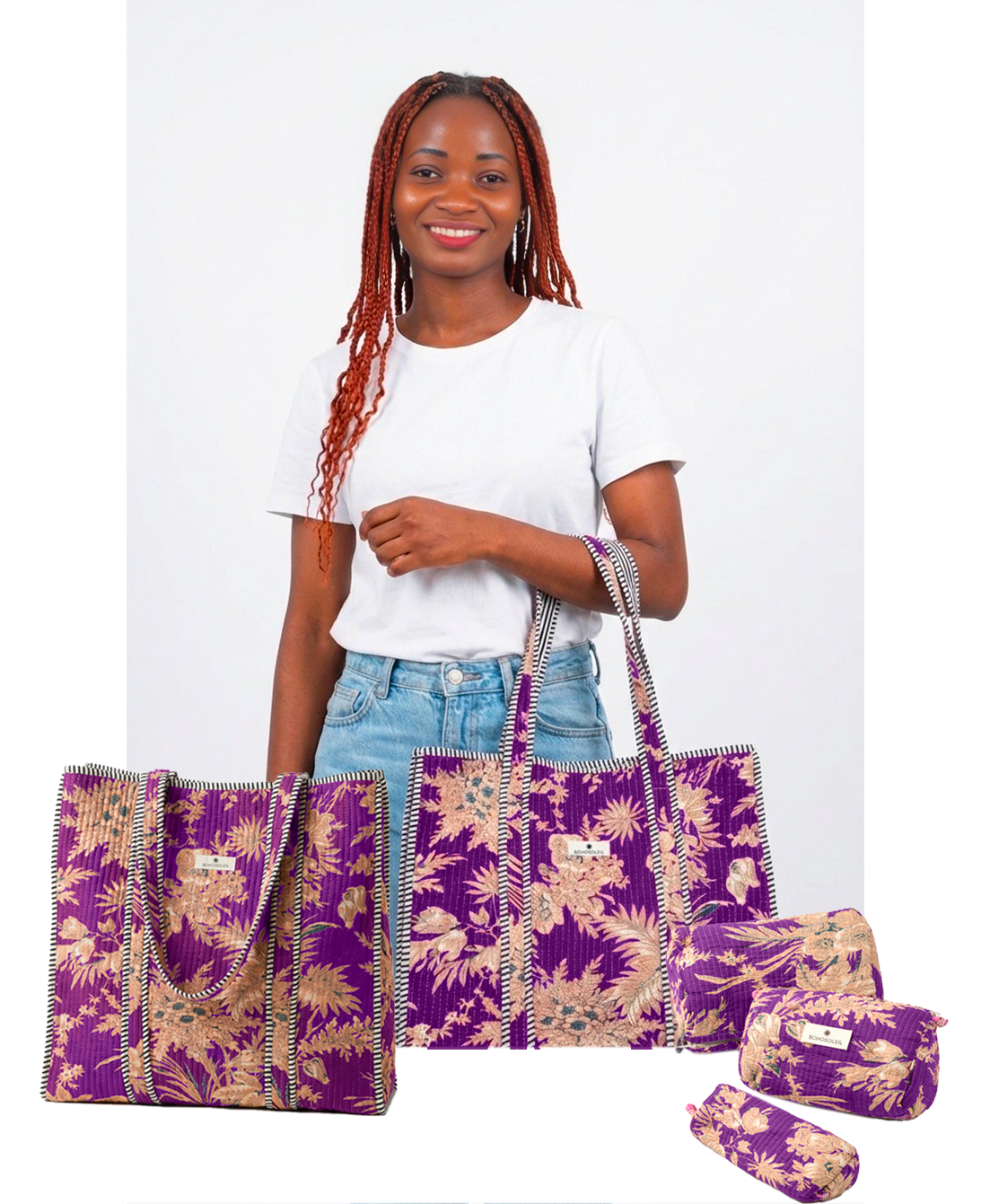 kit weekend singapour avec trousses de toilettes maquillage et sac cabas en coton matelassé violet fleurs floral par Bohosoleil