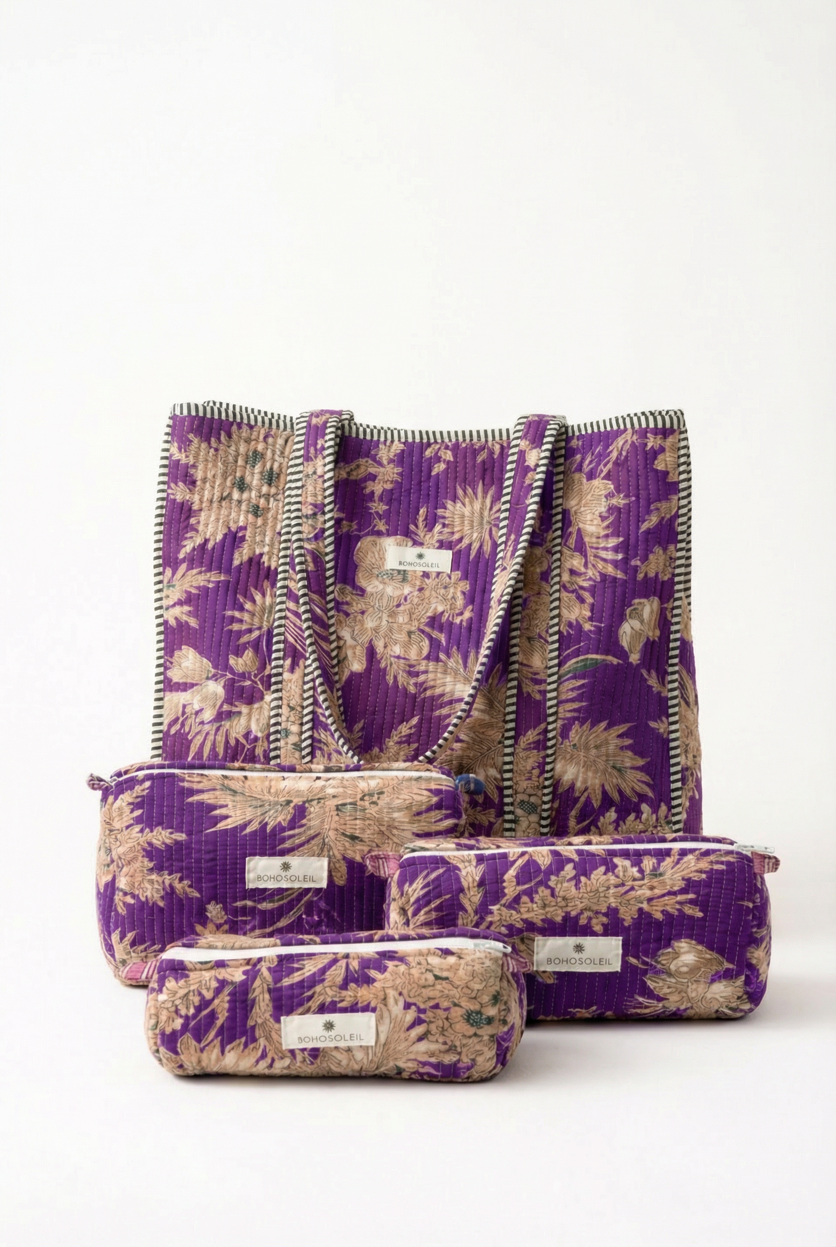 Singapore weekend kit with toiletry and makeup bags and quilted purple floral cotton tote bag by Bohosoleil
