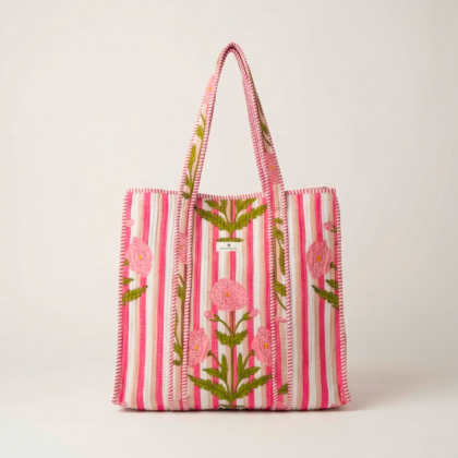sac cabas Londres par Bohosoleil fleurs rayures rose coton block print