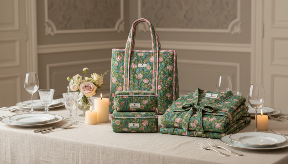 kit bohosoleil peignoir sac cabas trousses maquillage ou toilette en coton block print fleurs