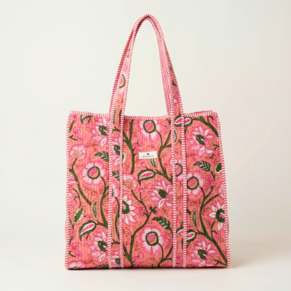 Sac Cabas Mexico par Bohosoleil motis fleurs rose floral coton block print