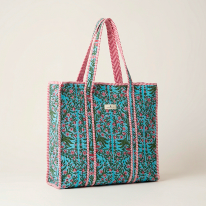 Sac cabas Miami par Bohosoleil bleu motif floral fleurs coton block print