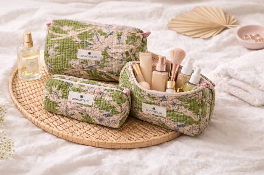 mise en scène trousses toilette maquillage vert fleurs coton block print modèle bali marque bohosoleil