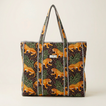 sac cabas mumbai par bohosoleil noir motif panthères leopard coton block print