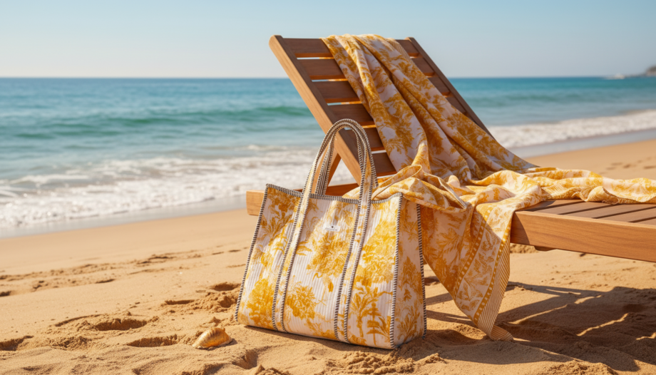 paréo coton nairobi avec sac cabas assorti motif jungle jaune