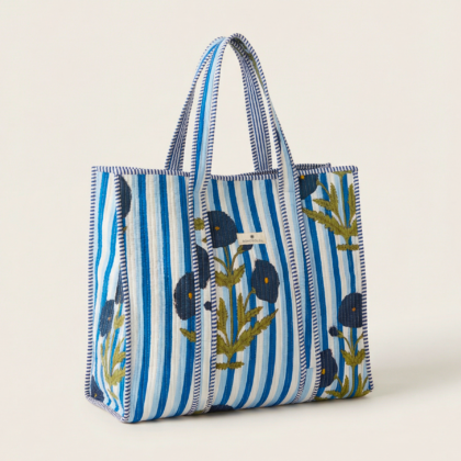 sac cabas Paris par Bohosoleil fleurs et rayures bleu coton block print