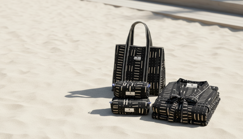 kit bamako noir moderne tendance en coton block print sac cabas peignoir trousses maquillage ou toilette