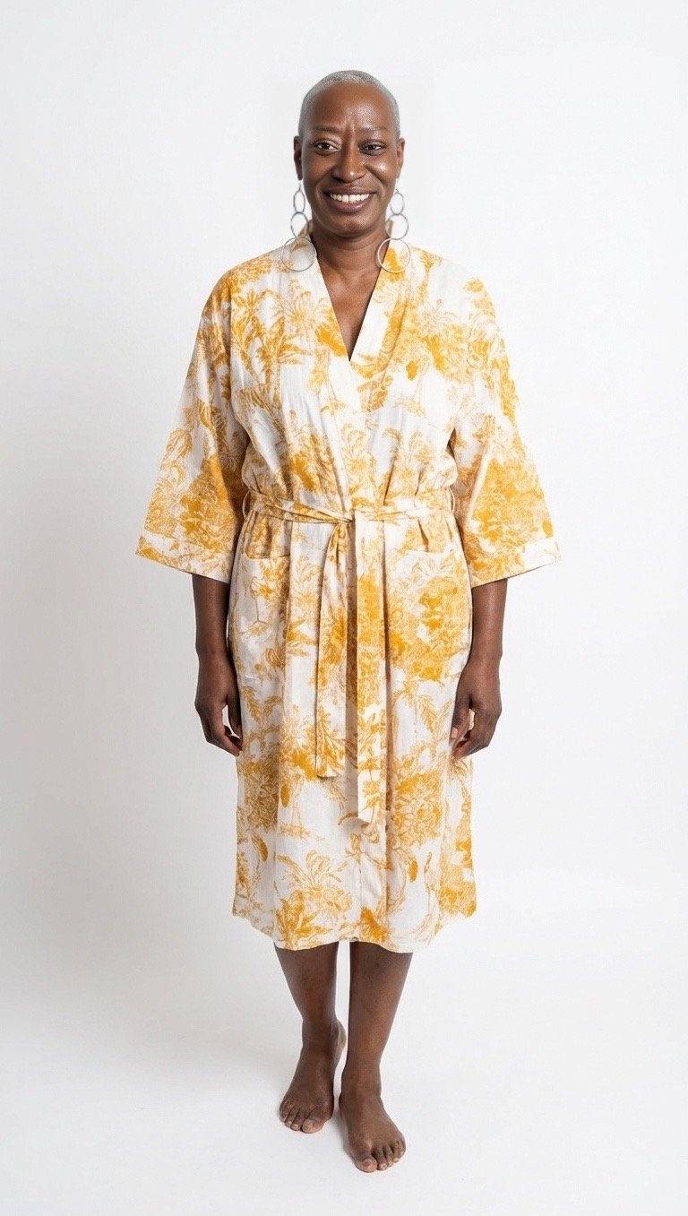 Lightweight cotton block print bathrobe by Bohosoleil, Nairobi model