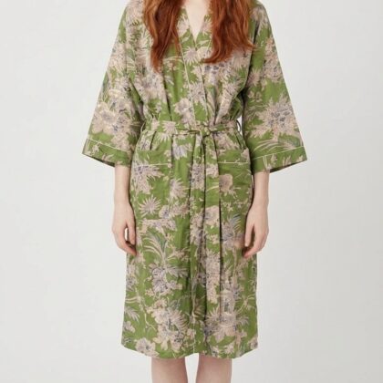 Peignoir léger en coton block print par Bohosoleil modèle Bali fleurs vert