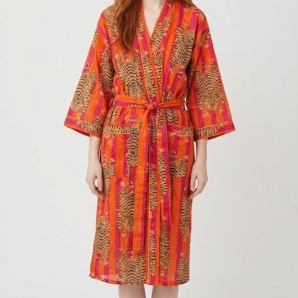 Peignoir léger en coton block print par Bohosoleil modèle Jaipur motif tigres et rayures