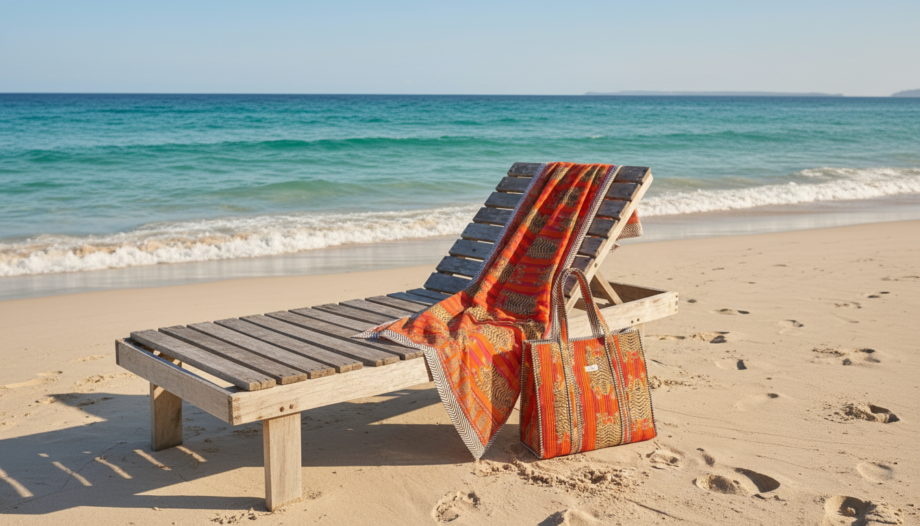 transat plage paréo et sac cabas coton block print tigres et rayures par Bohosoleil