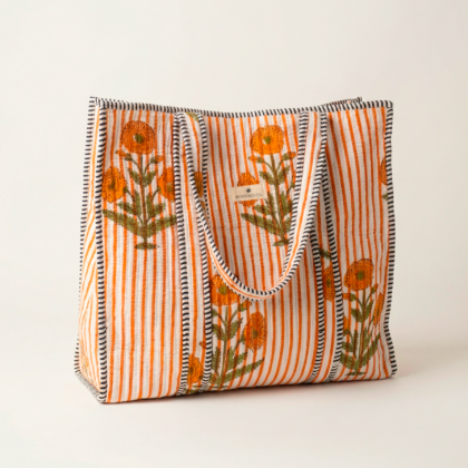 Sac Cabas Versailles par Bohosoleil rayures orange et fleurs floral