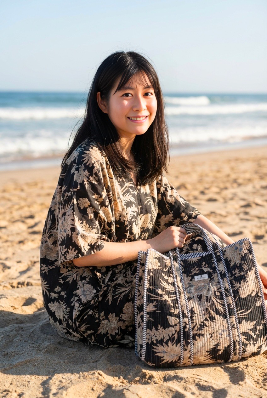 caftan plage en coton motif fleurs floral fond noir