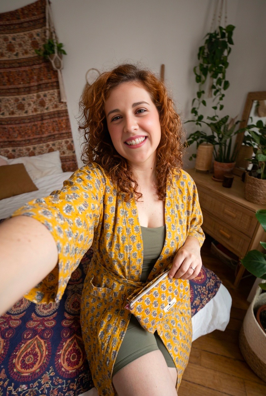 Sri Lanka Set by Bohosoleil: Matching Bathrobe and Toiletry Bags in Mustard Print for Vacation