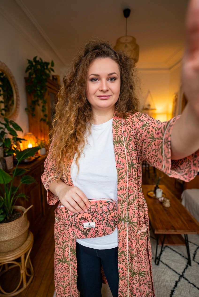 Sweet Home Bangkok floral coral cotton kit with bathrobe and toiletry bags