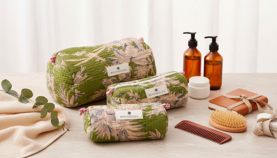 trousses de toilette bali salle de bain en coton block print tissu vert et floral