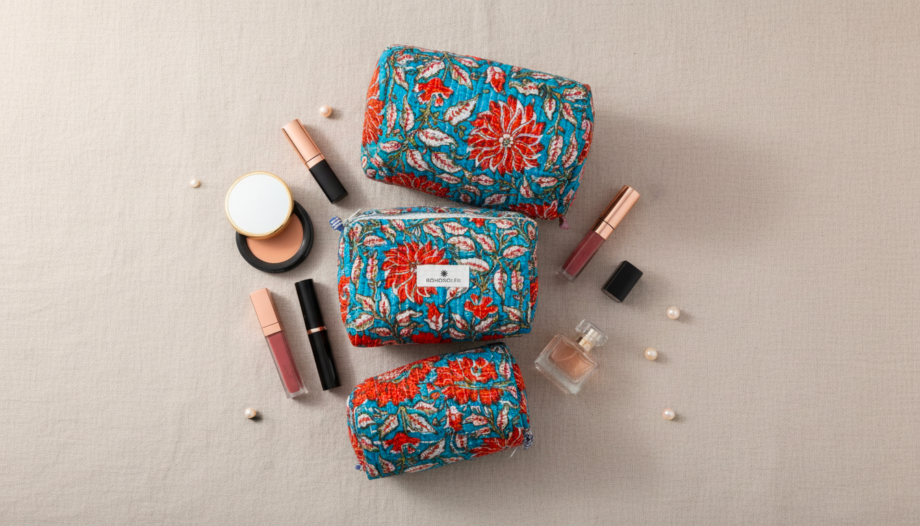 trousses de maquillage bohosoleil en coton fleurs block print artisanat