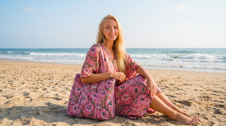 ensemble plage coton fleurs roses blonde plage Bohosoleil