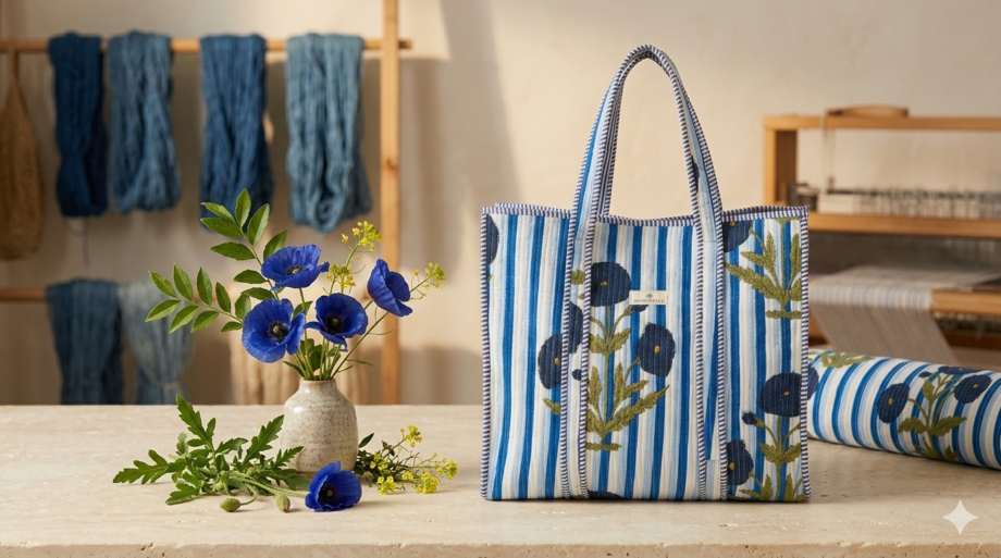 sac cabas bohosoleil coton fleurs bleues artisanat premium