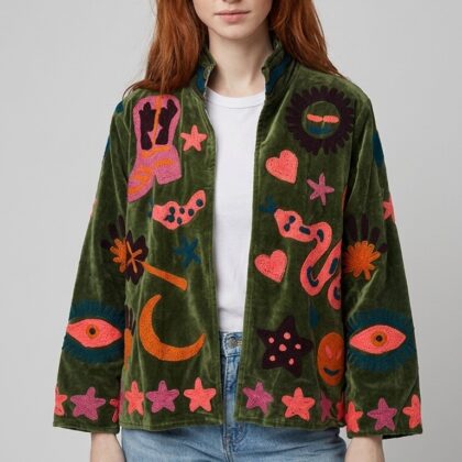 veste verte khaki velours suzani broderies serpent cow boy
