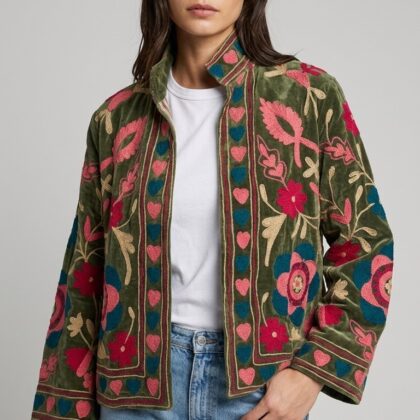veste verte kaki suzani velours broderies florales roses fleurs
