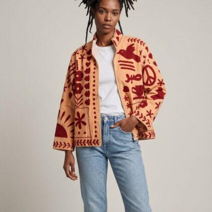veste suzani velours jaune et broderies modernes tendance rouge